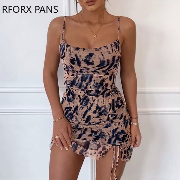 Floral Print Women Bodycon Dress Strap Skinny Mini Sundress Slit Hem Fashion NWT - Picture 2 of 13